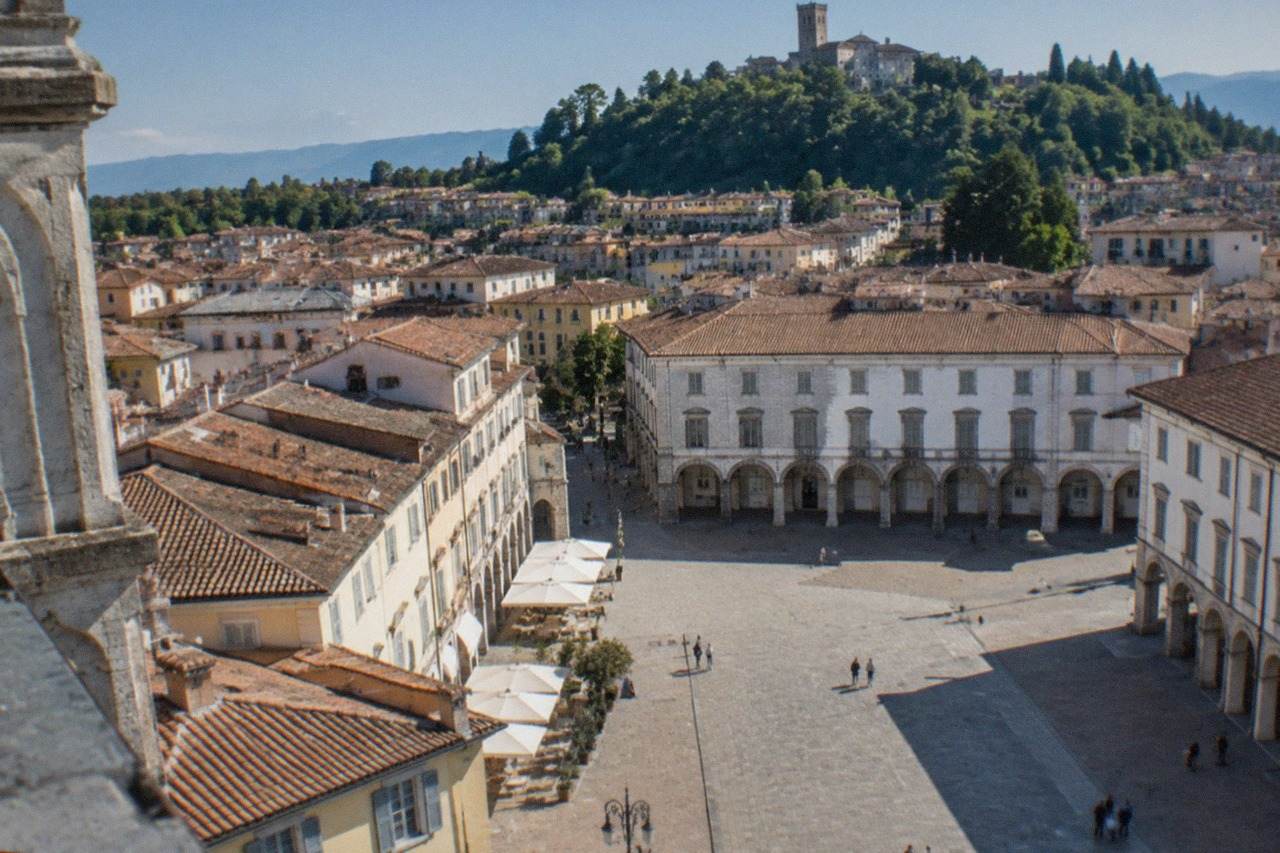 View over red rooftops and hills from a bell tower in Udine on a clear day