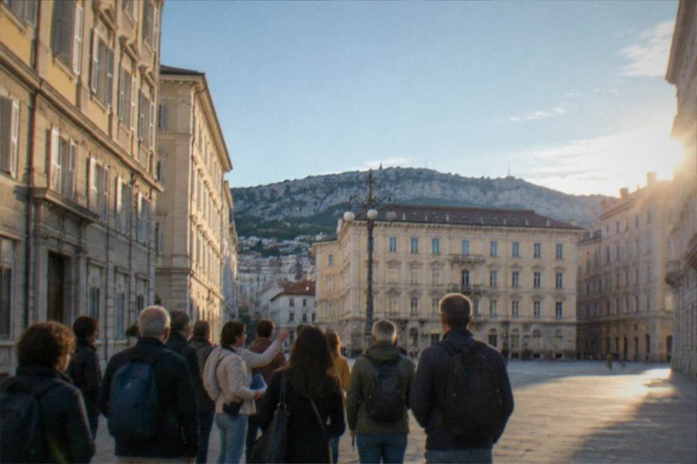 A guided walking group on a central Trieste square with historic facades behind