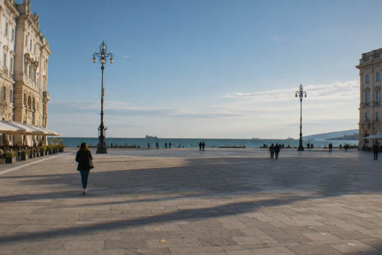 The wide flat seafront square of Piazza Unità d'Italia in Trieste facing the Adriatic on a calm day