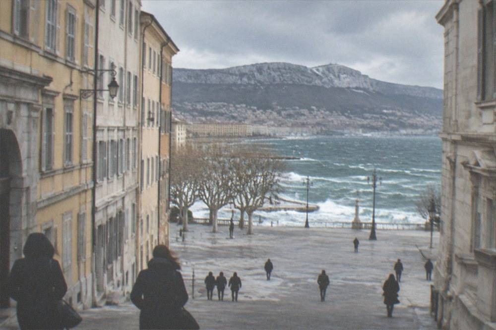 Whitecaps on the Gulf of Trieste seen from the seafront on a windy winter day