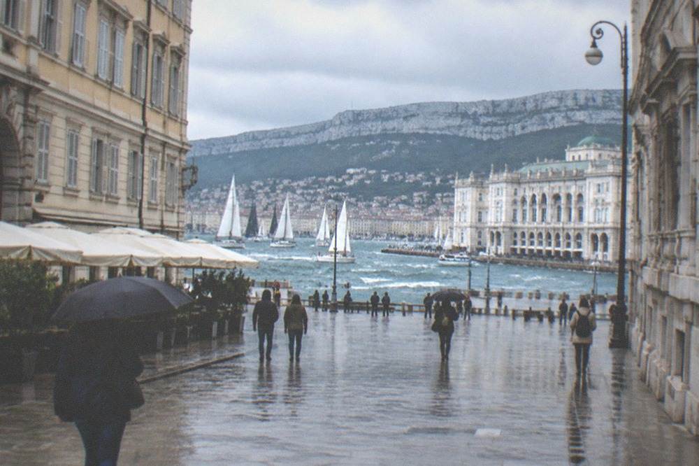Sailboats gathered in the Gulf of Trieste in front of the waterfront square during the October regatta