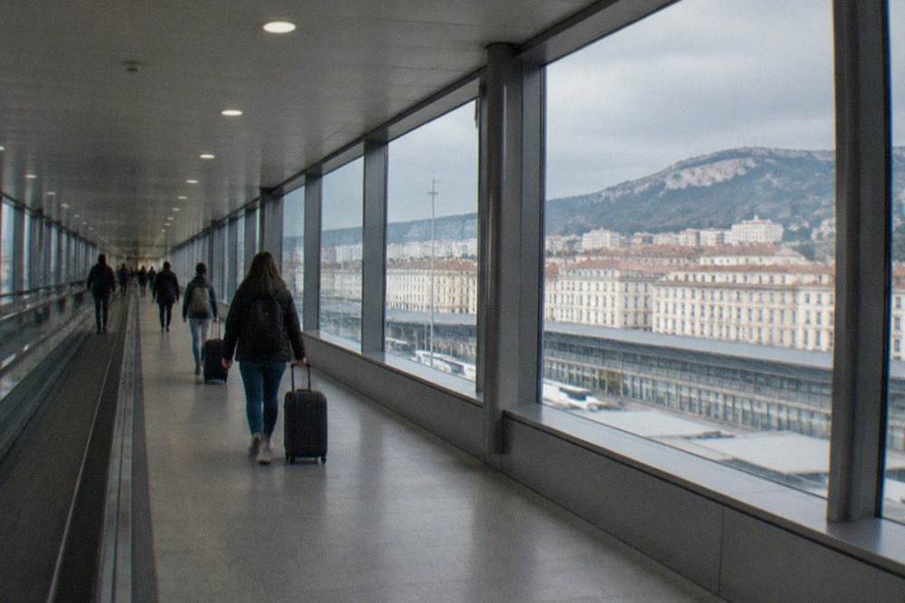 The covered walkway inside Trieste Airport leading toward the railway station