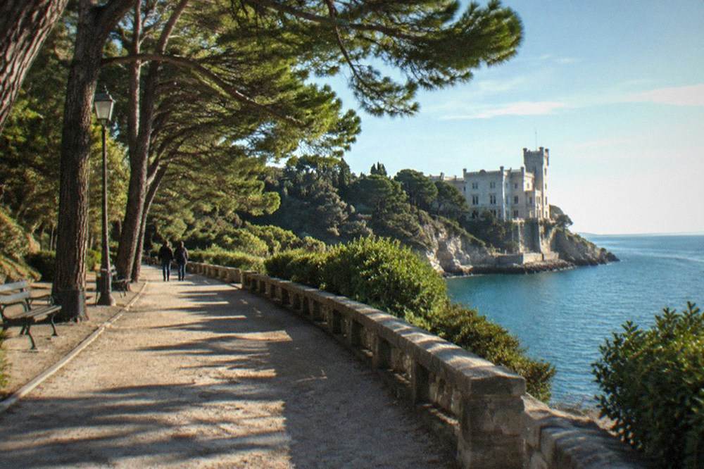 A tree-lined park path leading towards a white seaside castle on a headland
