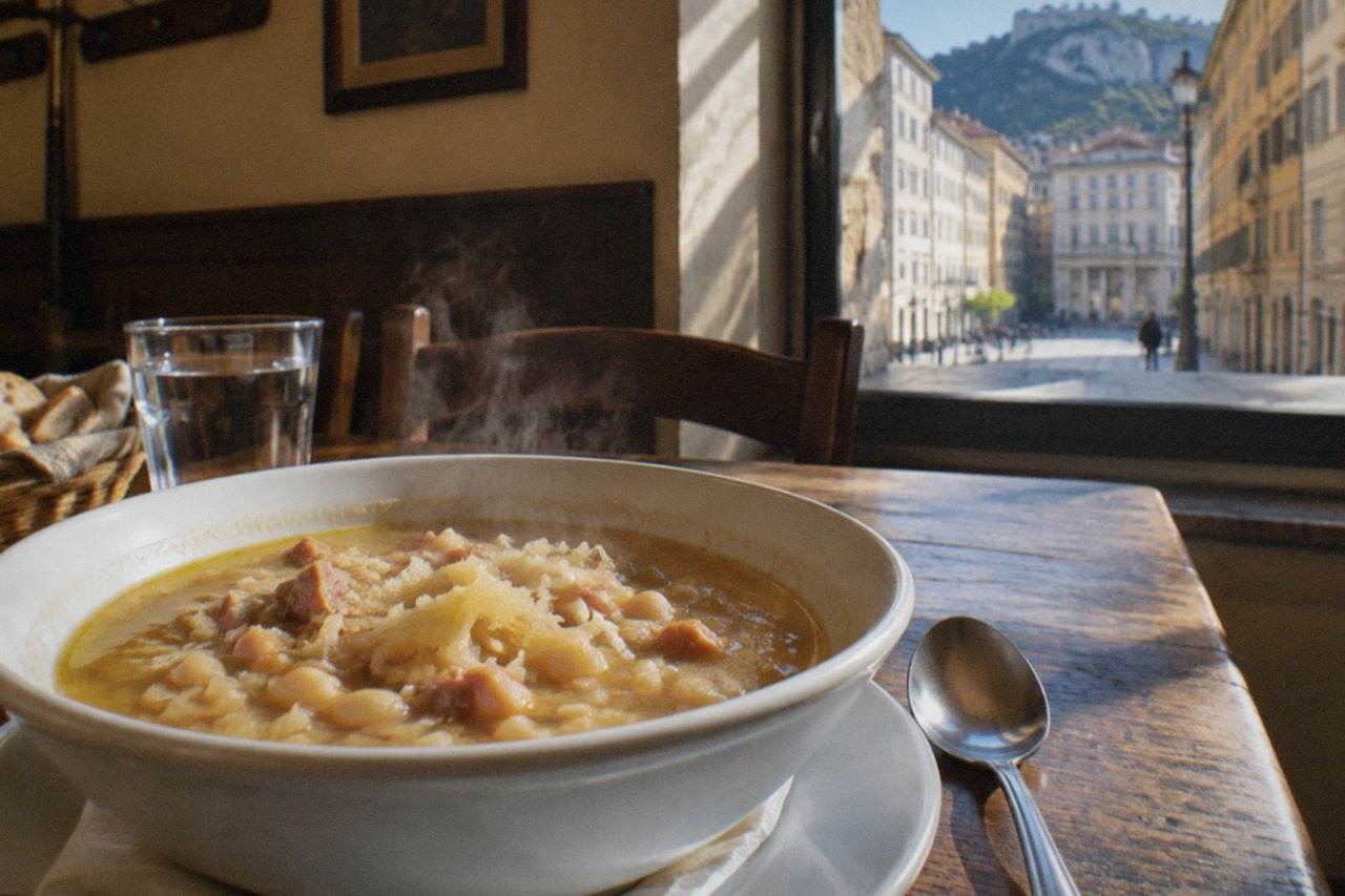 A steaming bowl of jota soup with beans and sauerkraut on a rustic wooden table in a Trieste dining room