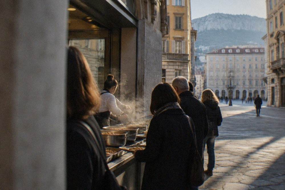 A busy Trieste buffet counter with steaming metal pots of stew and customers waiting with trays