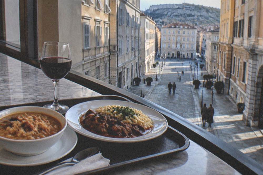 A tray with a bowl of jota, a plate of goulash and a glass of red wine set on a marble counter in Trieste