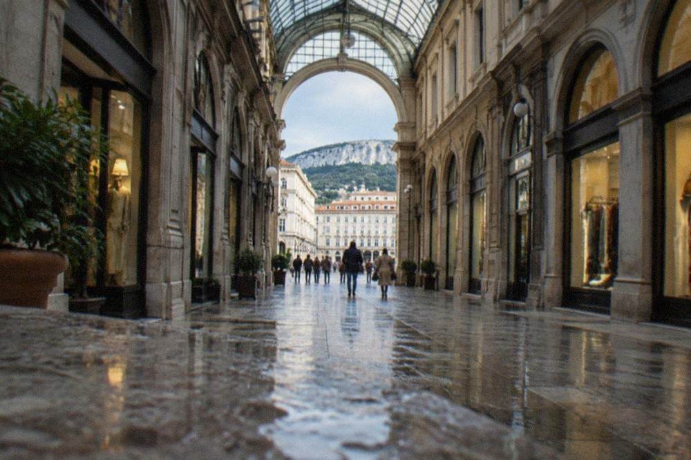A covered shopping arcade with glass roof and small boutiques in Trieste city centre
