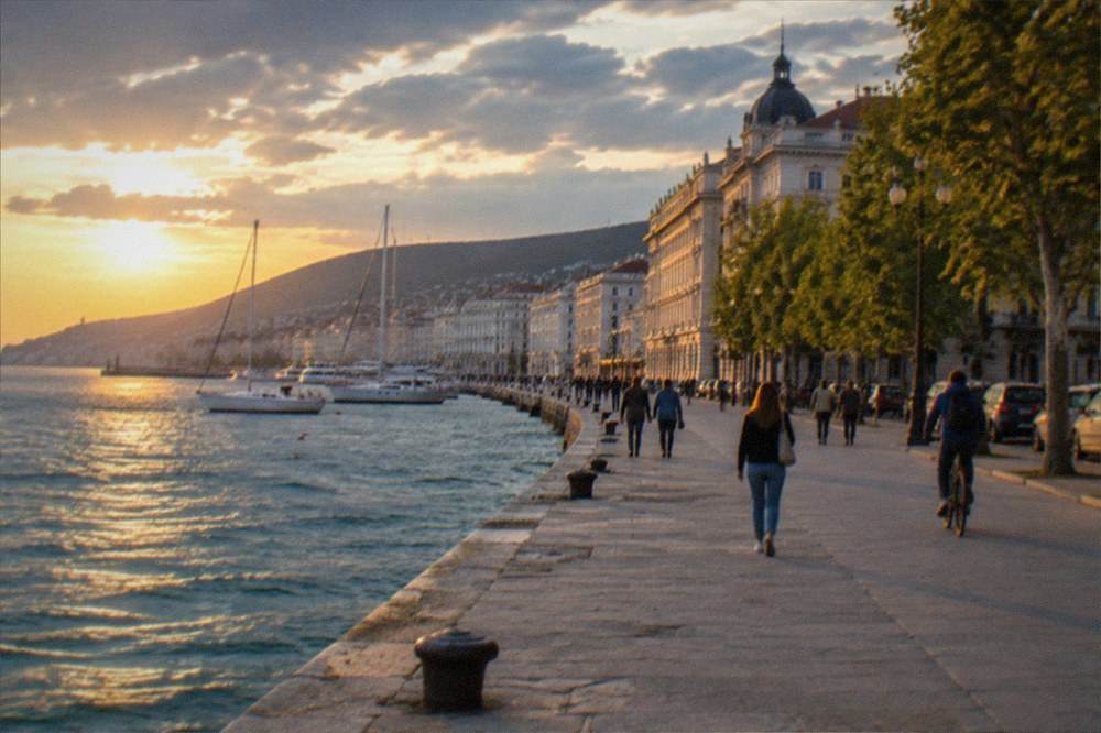 People walking and cycling on the seafront promenade at sunset with calm water beside them