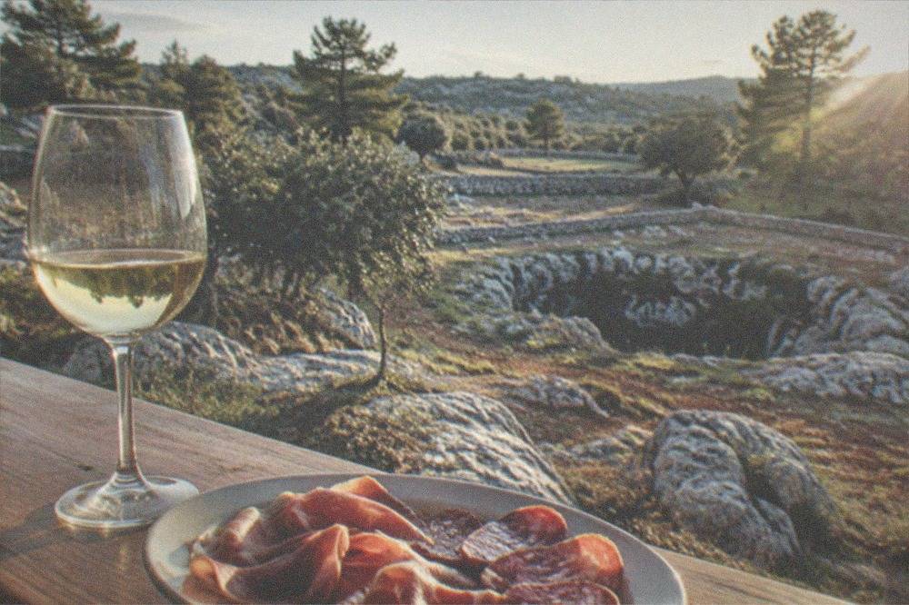 A glass of white Karst wine and a plate of cured meats on a wooden bar top