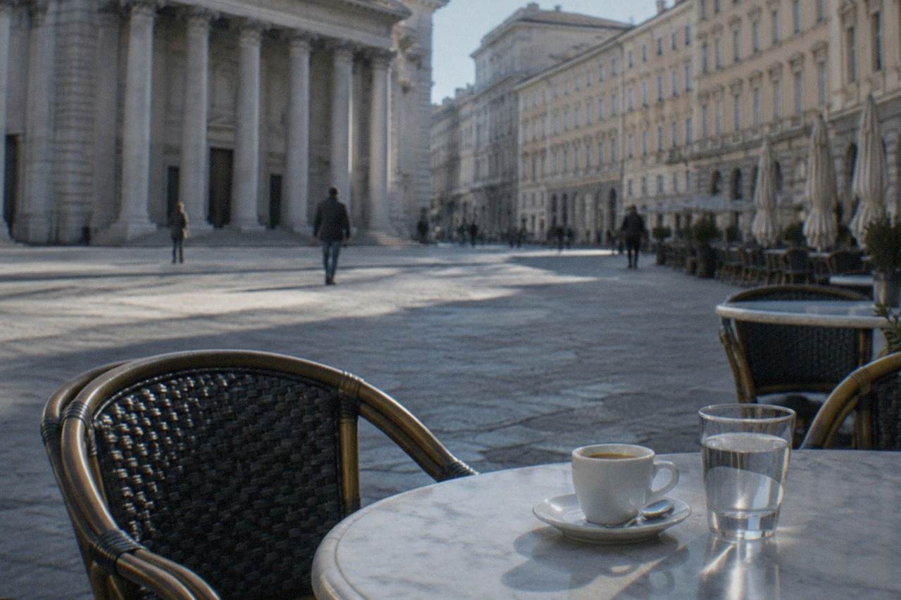 An espresso cup and a glass of water on a marble cafe table in an elegant historic coffee house