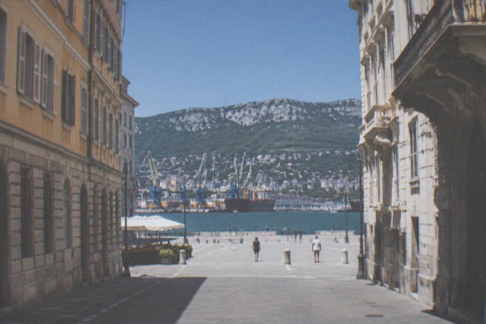 Cranes and cargo ships at the industrial piers of Trieste port seen across the water