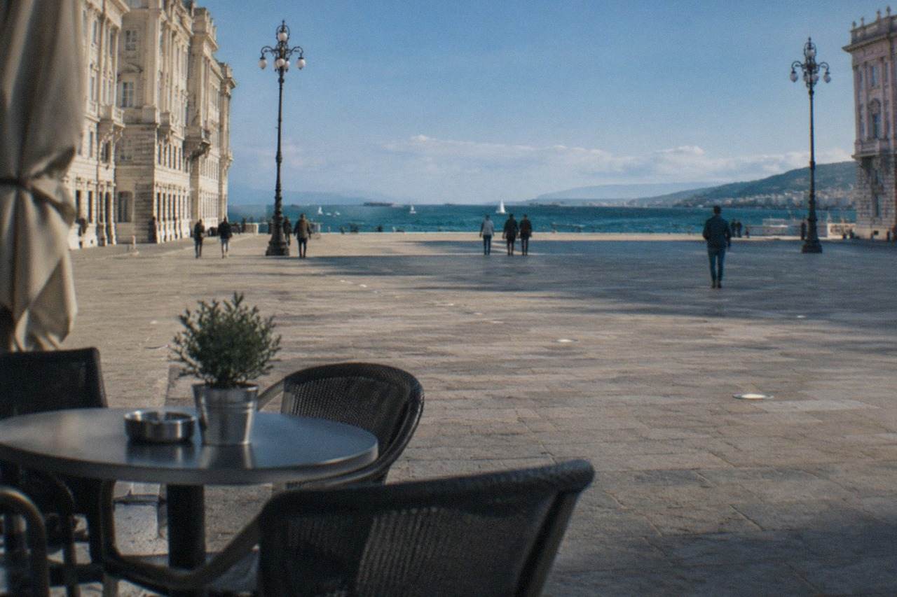 The seafront of Trieste, Italy, with Piazza Unità d'Italia and the gulf beyond on a bright morning