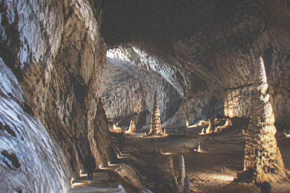 The limestone interior of Grotta Gigante cave near Trieste lit for a guided tour