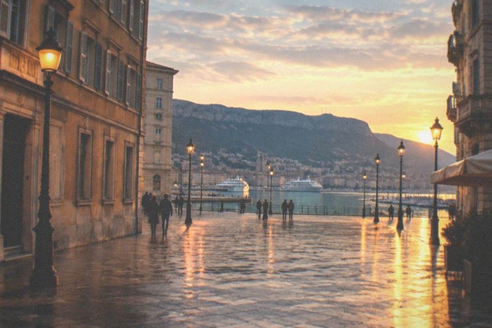 Evening light on a European seafront with street lamps reflecting on wet paving