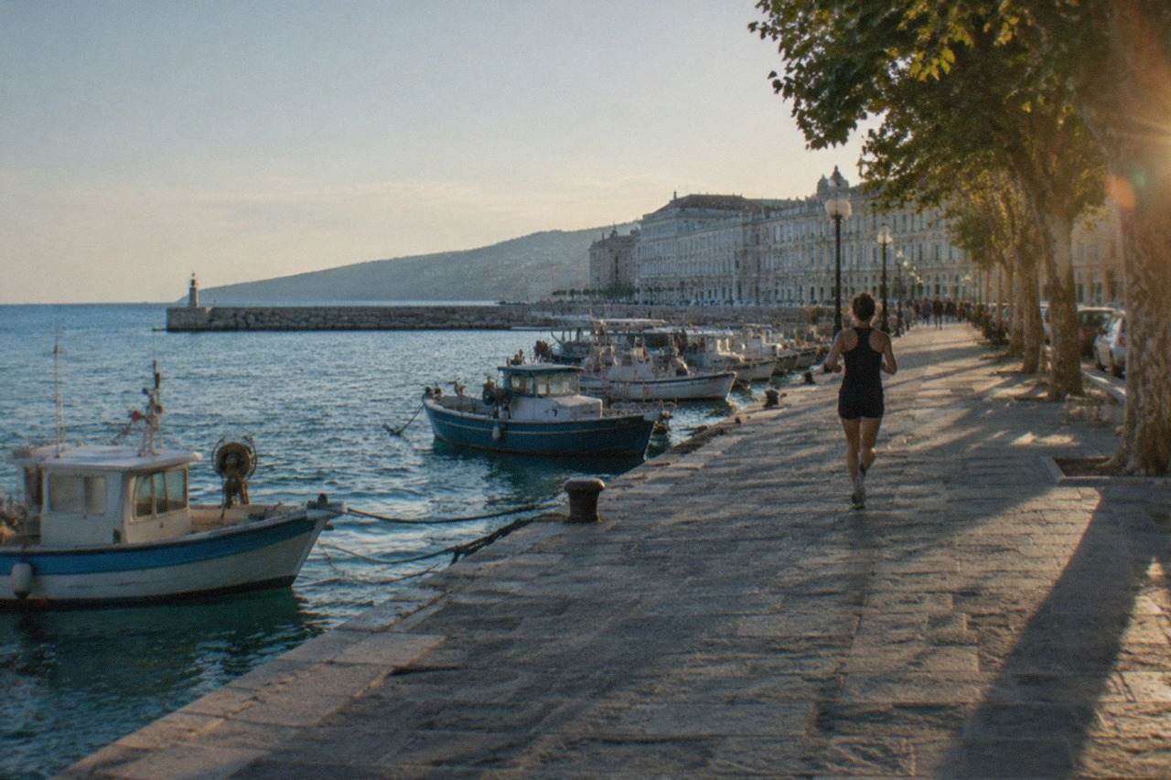 Fishing boats moored in a small Adriatic harbour with a stone breakwater and calm sea