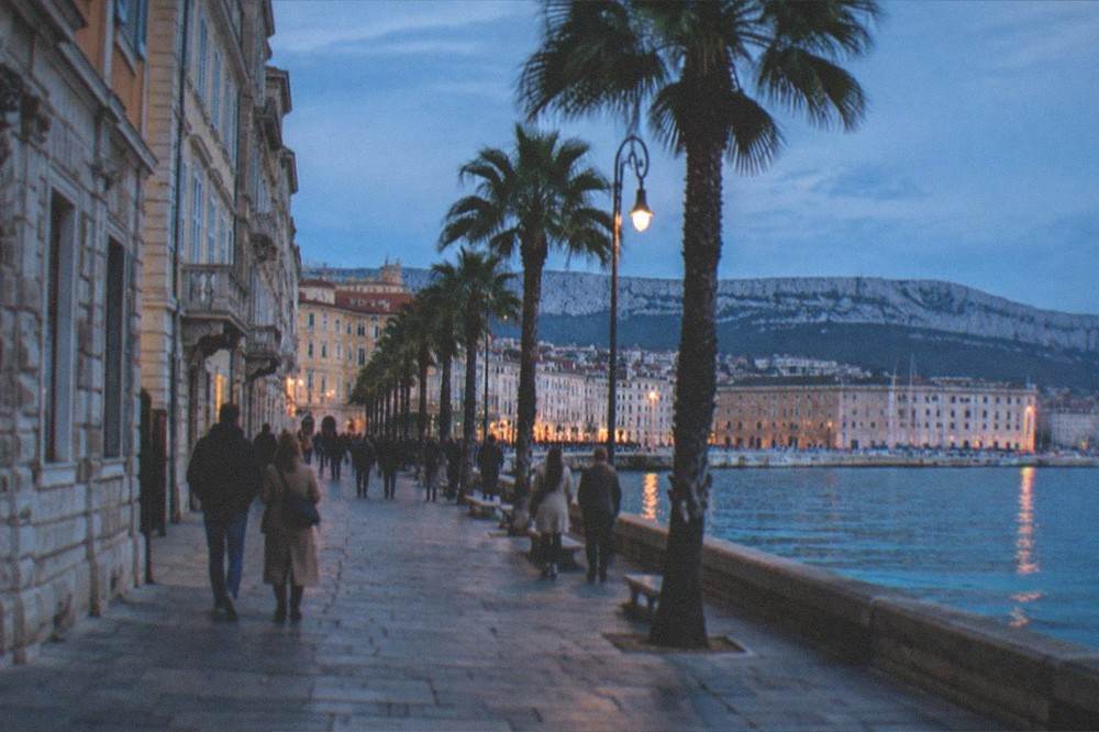 A seaside promenade with palm trees and people strolling at dusk
