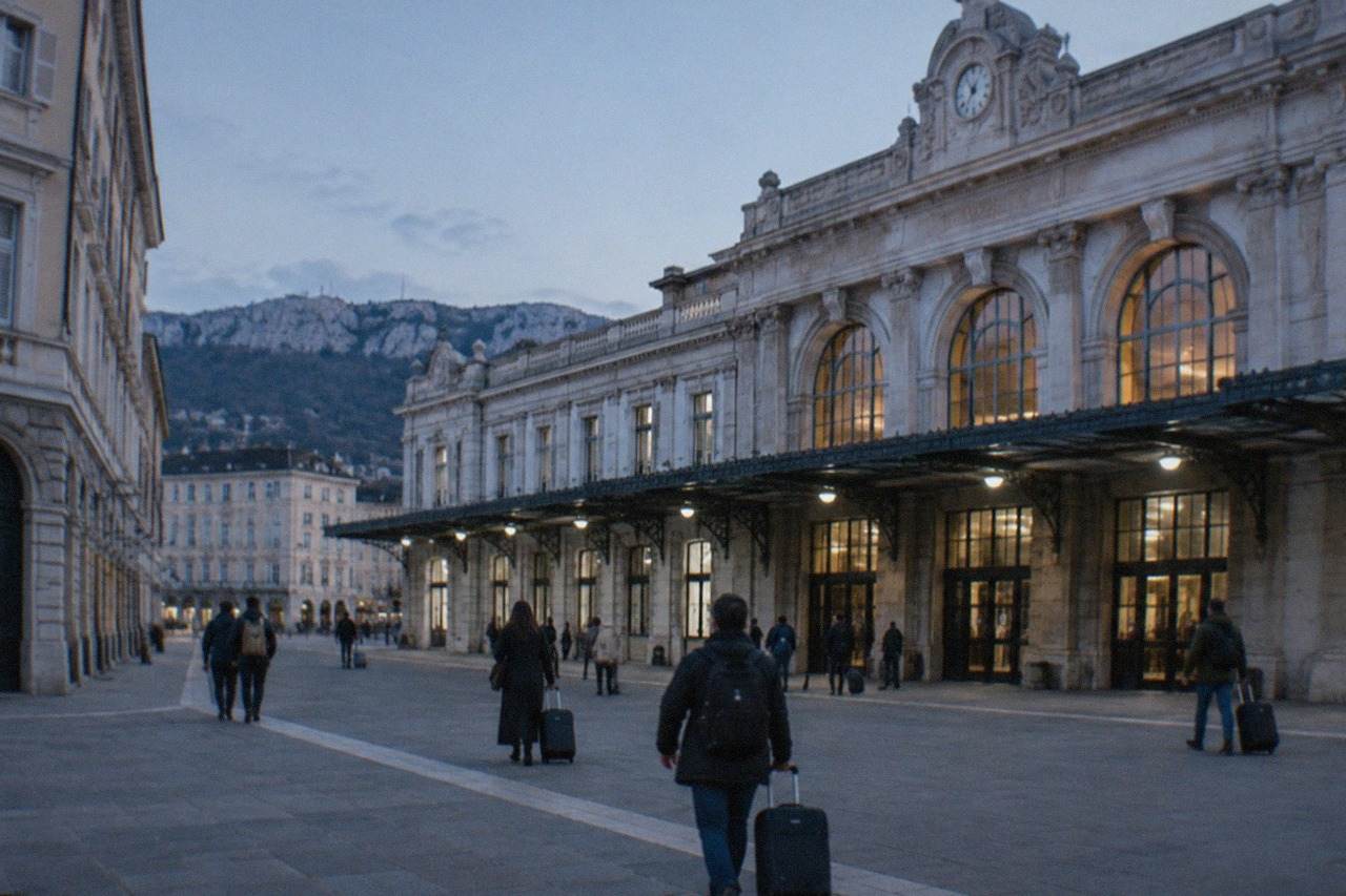 The facade of Trieste Centrale railway station in Trieste, Italy, with the station name on the building and people with luggage outside