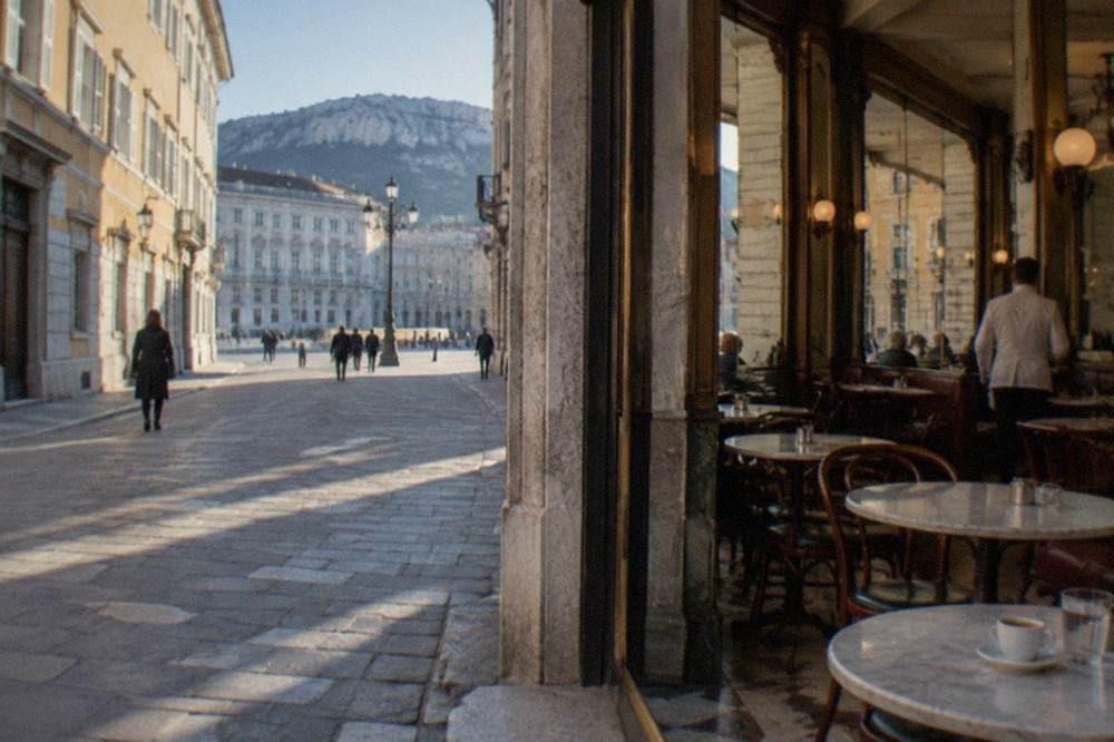 A historic Trieste caffè interior with marble tables, mirrors and waiters in white jackets
