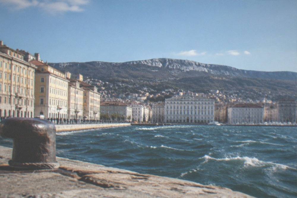 Whitecaps on a windy sea in the Gulf of Trieste seen from the waterfront