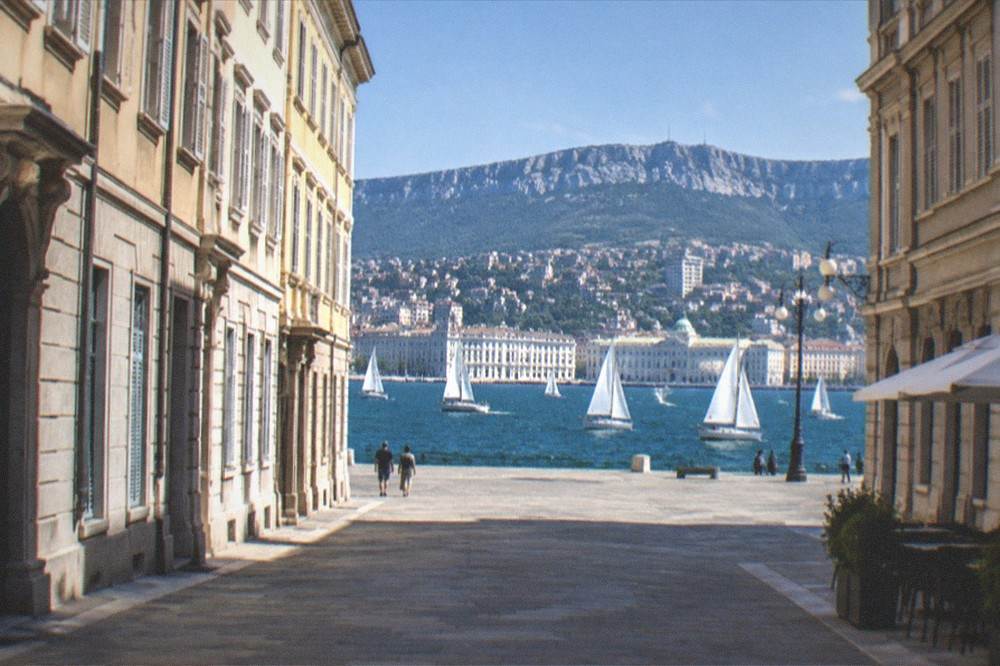 Sailing boats racing on the Gulf of Trieste in front of the city waterfront
