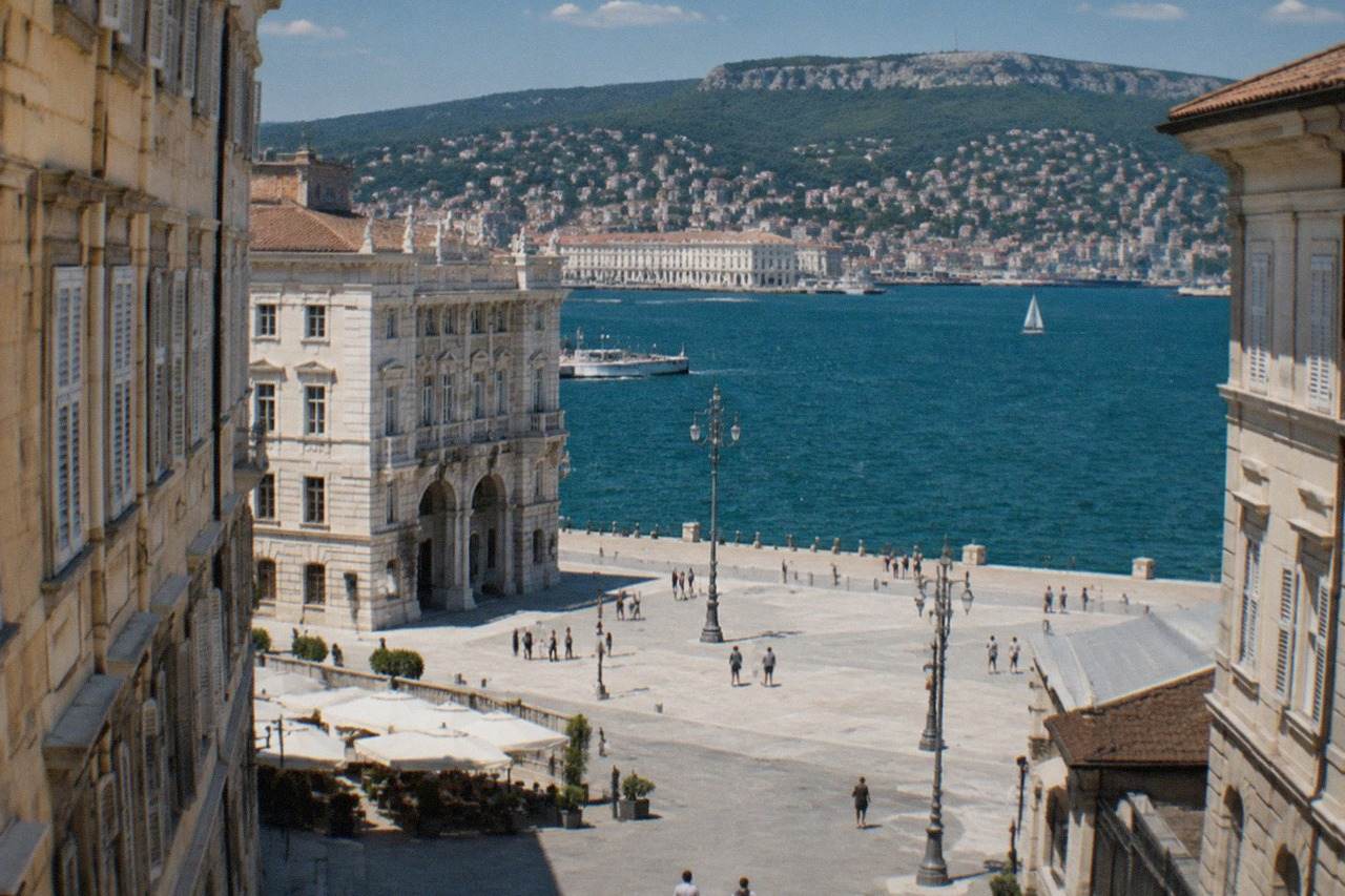 A view across the Gulf of Trieste towards the city waterfront with Piazza Unità d'Italia and distant hills