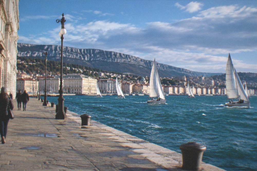 Sailing boats racing on a blue sea in front of a city waterfront under a windy sky