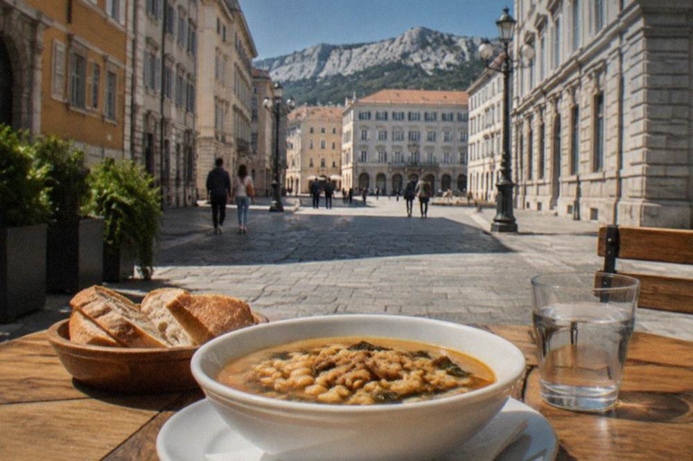 A bowl of hearty Triestine soup with bread on a wooden table