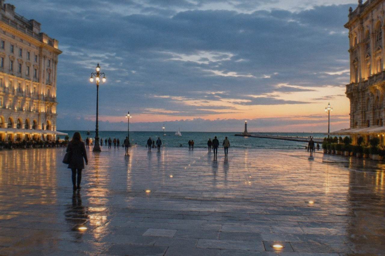 Piazza Unità d'Italia in Trieste opening onto the sea at dusk, with the illuminated facades and the Molo Audace pier beyond