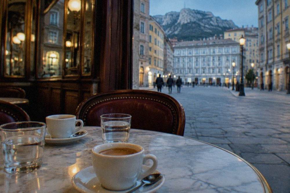Two cups of coffee with glasses of water on a marble table inside a historic Trieste cafe with mirrored walls