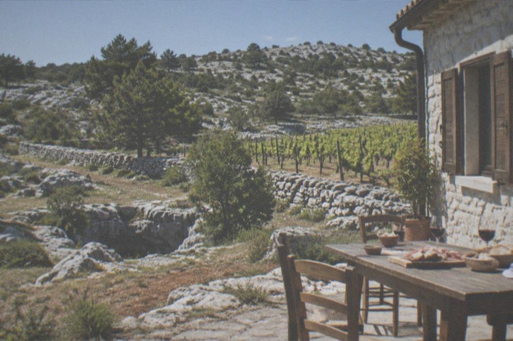 A farmhouse table on the Karst plateau set with glasses of red wine, bread and cured meat, with vine rows outside the window