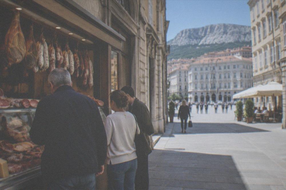 A buffet counter in Trieste with cured meats and locals standing to eat