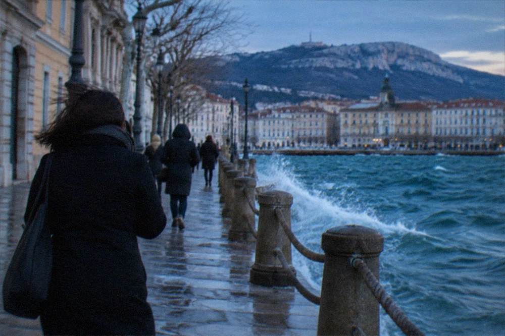 Rope handrails along a Trieste street during a strong bora wind blowing from the sea