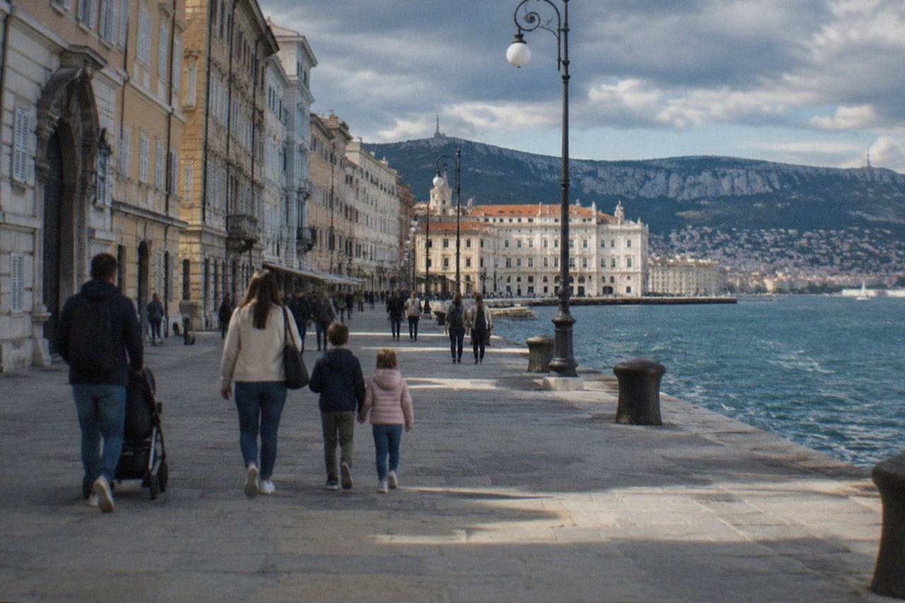 Families walking together along the Trieste seafront with the Adriatic on one side