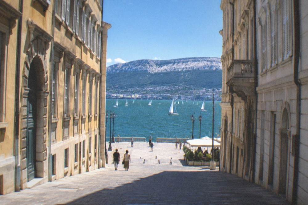 White sails scattered across the deep green-blue water of the Gulf of Trieste in strong light